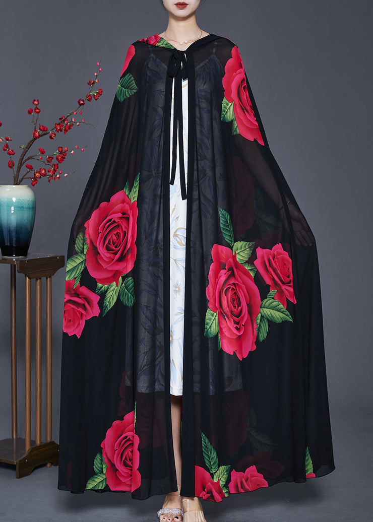 Beautiful Black Hooded Floral Print Chiffon Cardigan Spring