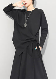 Beautiful Black O-Neck Asymmetrical Tie Waist Bow Top Long Sleeve