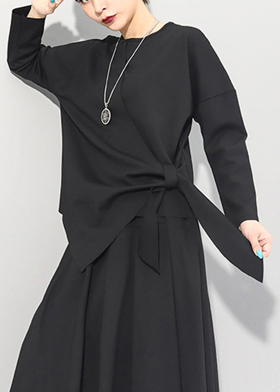 Beautiful Black O-Neck Asymmetrical Tie Waist Bow Top Long Sleeve