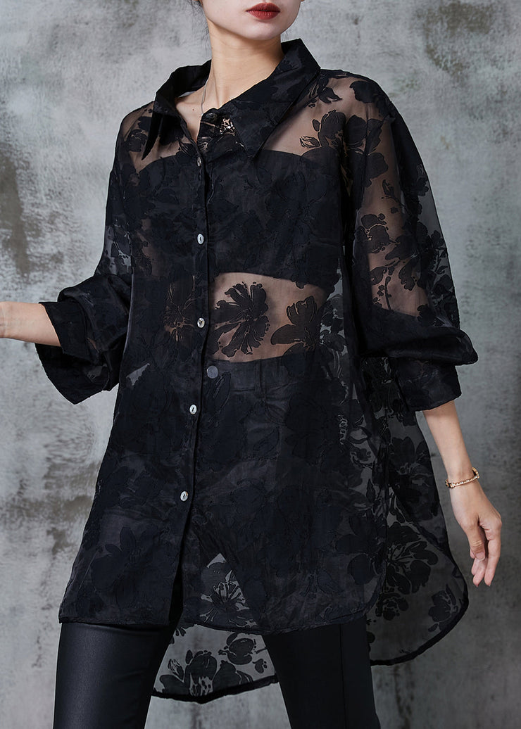 Beautiful Black Oversized Jacquard Tulle UPF 50+ Shirt Summer