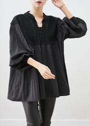 Beautiful Black Oversized Patchwork Wrinkled Tops Lantern Sleeve