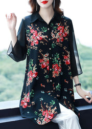 Beautiful Black Peter Pan Collar Print Patchwork Chiffon Shirts Bracelet Sleeve