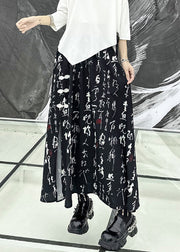 Beautiful Black Print Side Open Wrinkled Patchwork Cotton Skirts Summer