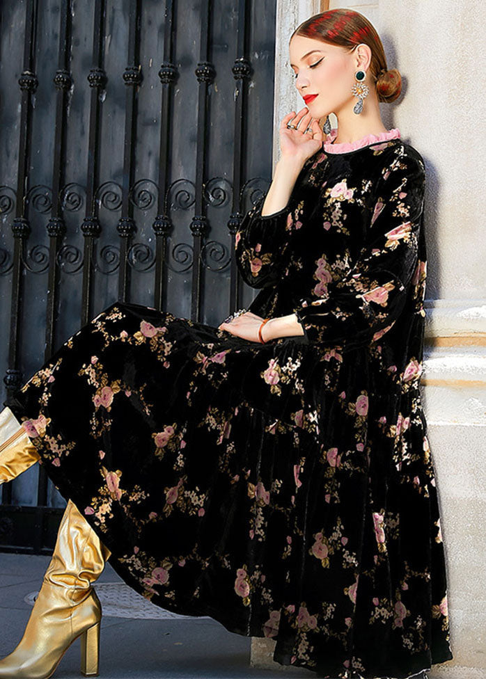 Beautiful Black Ruffled Print Wrinkled Silk Velour Long Dress Fall