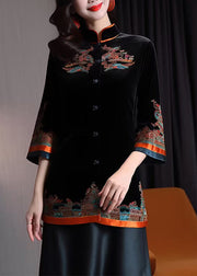 Beautiful Black Stand Collar Embroidered Button Silk Velour Coats Fall