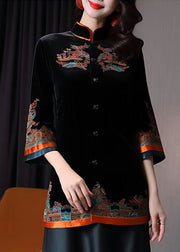 Beautiful Black Stand Collar Embroidered Button Silk Velour Coats Fall