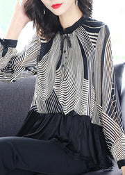 Beautiful Black Stand Collar Patchwork Striped Button Chiffon Shirts Long Sleeve