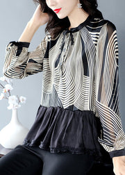 Beautiful Black Stand Collar Patchwork Striped Button Chiffon Shirts Long Sleeve