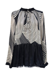 Beautiful Black Stand Collar Patchwork Striped Button Chiffon Shirts Long Sleeve