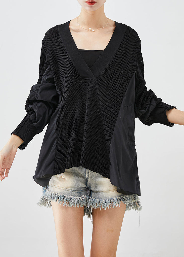 Beautiful Black V Neck Patchwork Wrinkled Knit Tops Batwing Sleeve