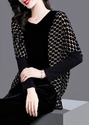 Beautiful Black V Neck Plaid Patchwork Velour Tops Long Sleeve