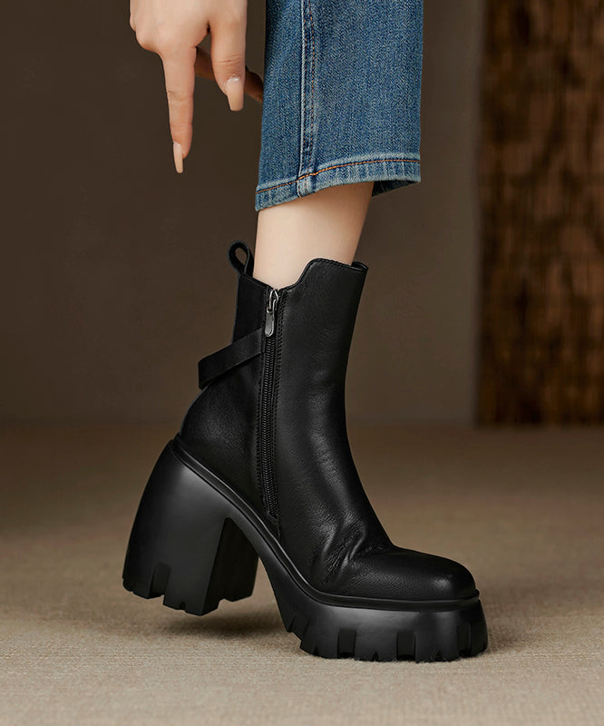 Beautiful Black Zippered Splicing Cowhide Leather Chunky Heel Boots