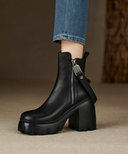 Beautiful Black Zippered Splicing Cowhide Leather Chunky Heel Boots