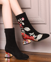 Beautiful Black Zircon Embroidered Suede Chunky Boots