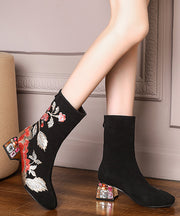 Beautiful Black Zircon Embroidered Suede Chunky Boots