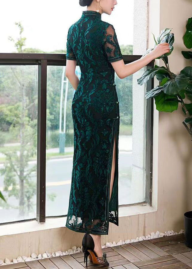 Beautiful Blackish Green Stand Collar Side Open Silk Dress Short Sleeve