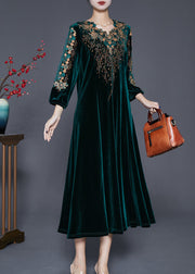 Beautiful Blackish Green V Neck Zircon Silk Velour Maxi Dresses Fall