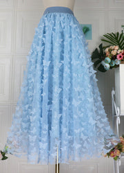 Beautiful Blue Butterfly Embroideried High Waist Tulle Pleated Skirts Spring