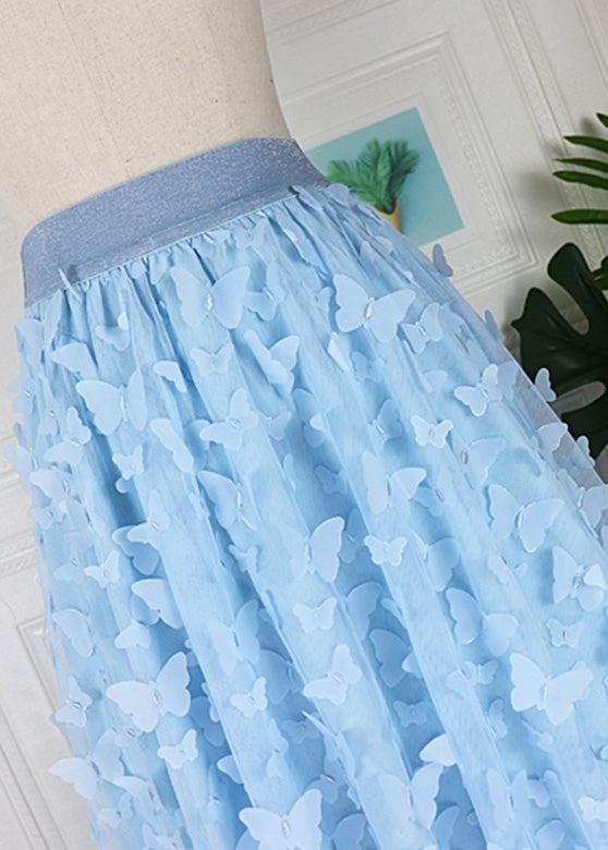 Beautiful Blue Butterfly Embroideried High Waist Tulle Pleated Skirts Spring