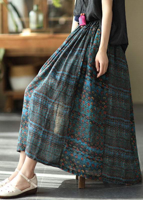 Beautiful Blue Elastic Waist Print Patchwork Linen Skirts Summer