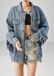 Beautiful Blue Embroideried Patchwork Tasseled Denim Coats Fall