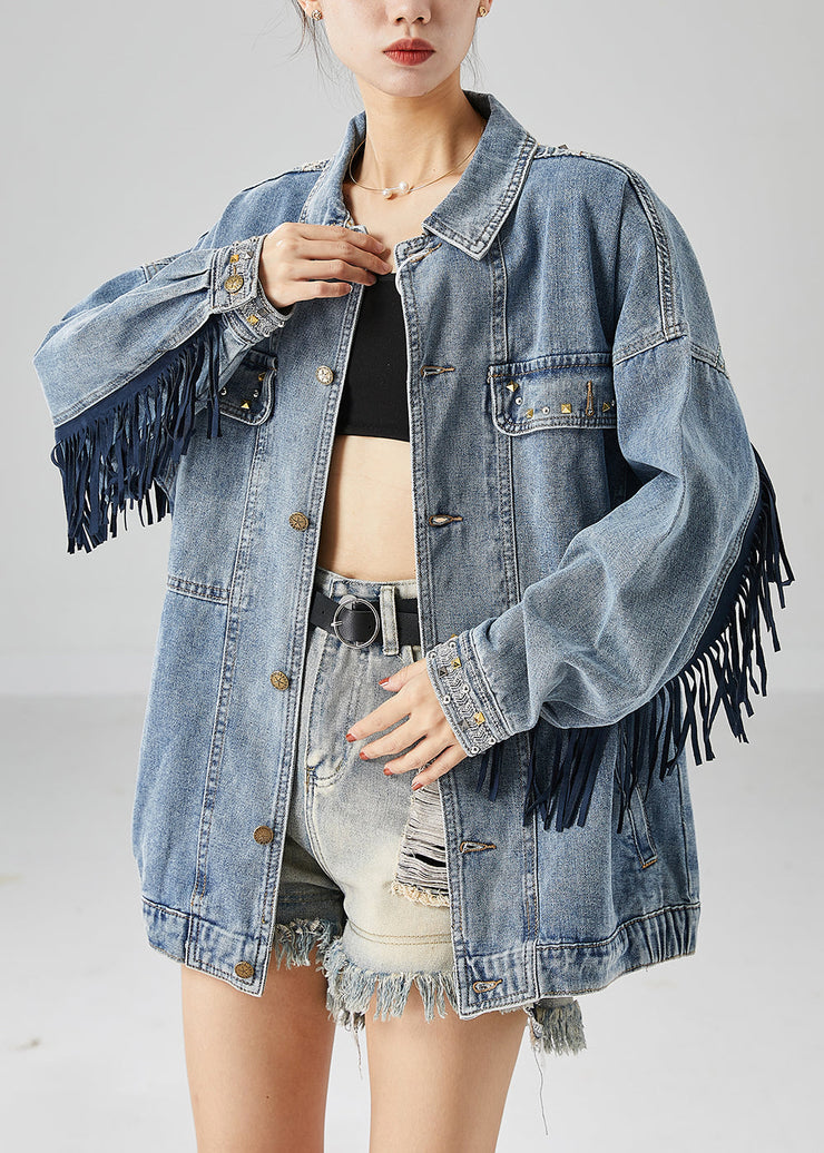 Beautiful Blue Embroideried Patchwork Tasseled Denim Coats Fall