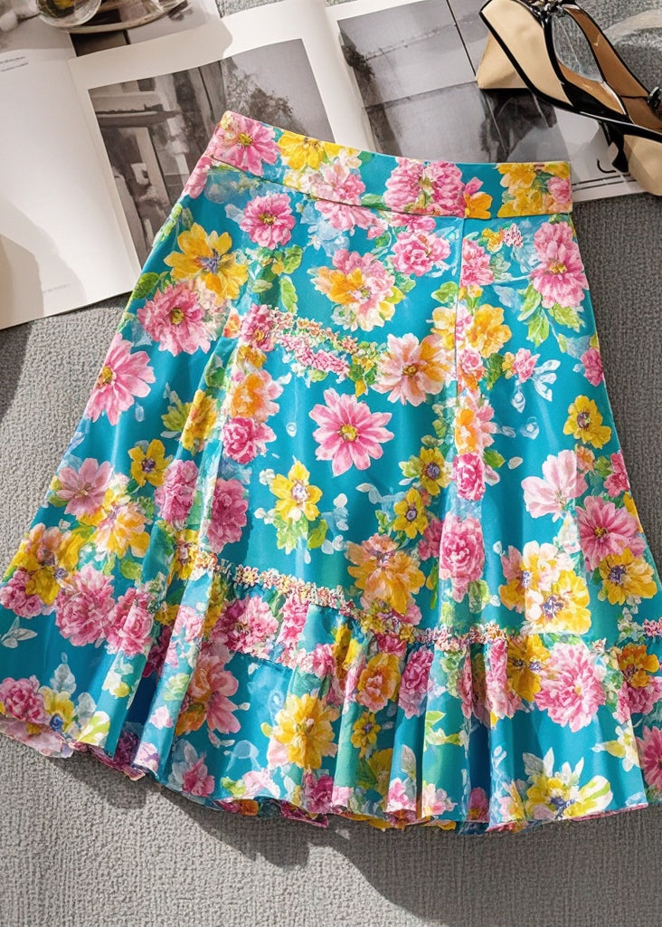 Beautiful Blue Floral Print Chiffon Wraped Skirts Summer