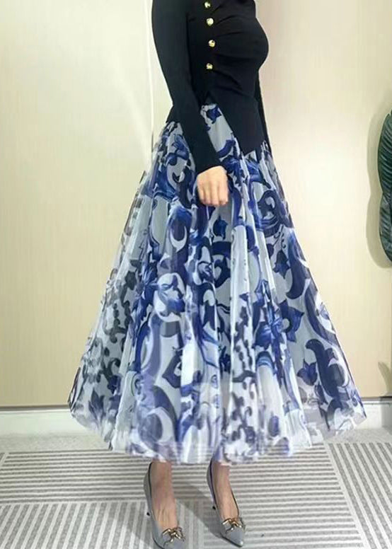 Beautiful Blue High Waist Print Wrinkled Tulle Skirt Spring