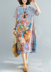 Beautiful Blue O Neck Print Cotton Dresses Summer