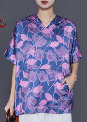 Beautiful Blue Oversized Print Silk Shirt Blouse Summer