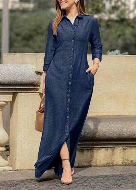 Beautiful Blue Peter Pan Collar Oversized Denim Maxi Dresses Spring