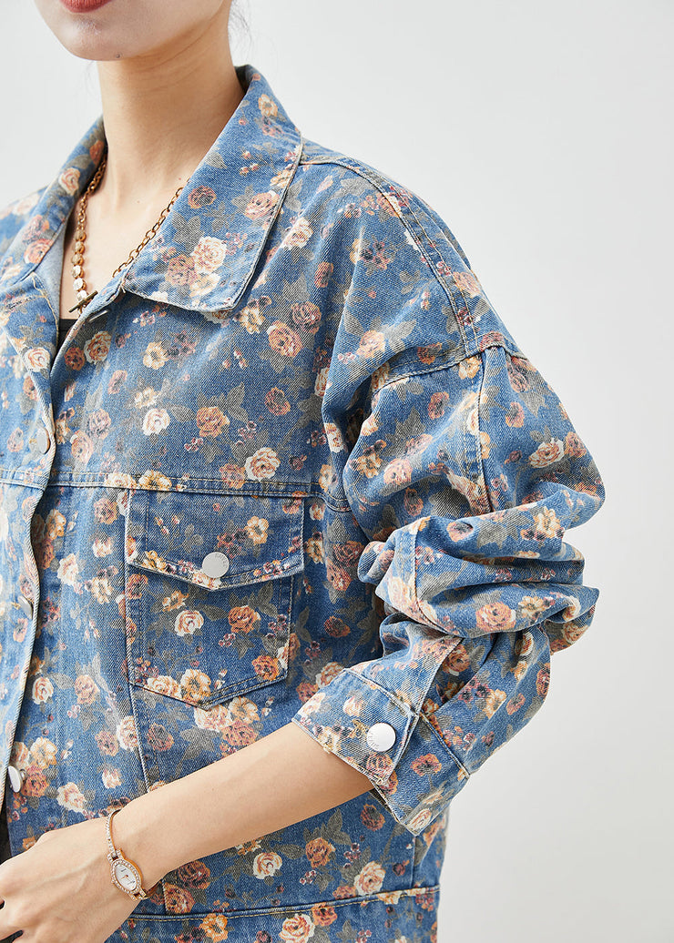 Beautiful Blue Peter Pan Collar Print Denim Coats Fall