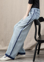 Beautiful Blue Pockets Patchwork Denim Wide Leg Pants Spring