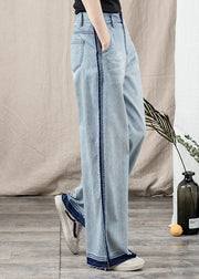 Beautiful Blue Pockets Patchwork Denim Wide Leg Pants Spring