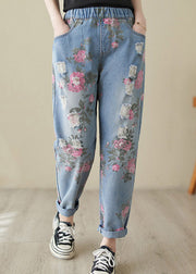 Beautiful Blue Print High Waist Denim Harem Pants