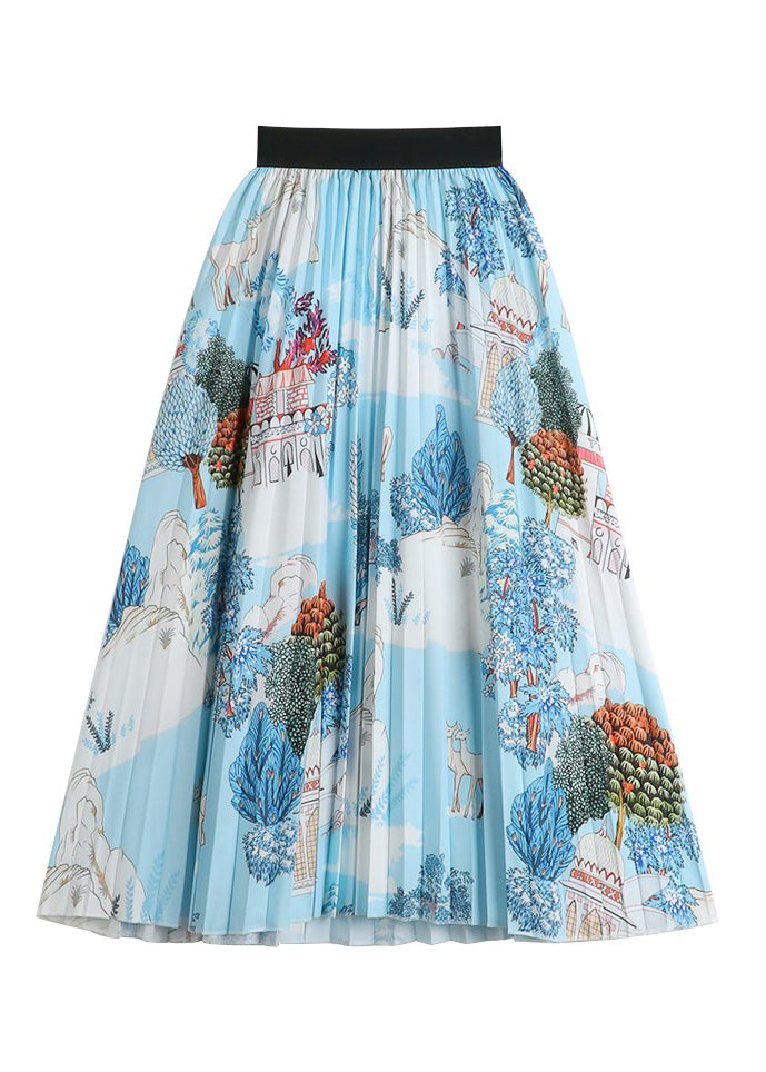 Beautiful Blue Print Wrinkled Elastic Waist Chiffon Skirts Summer