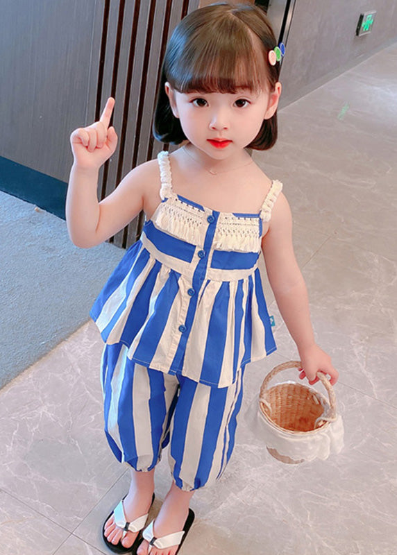 Beautiful Blue Striped Button Cotton Slip And Crop Pants Kids Two Pieces Set Sleeveless