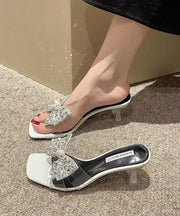 Beautiful Bow Zircon Splicing Chunky Heel Black Slide Sandals