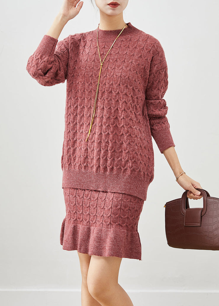 Beautiful Brick Red Ruffles Knit Two Pieces Set Fall