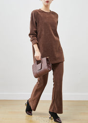 Beautiful Brown Side Open Corduroy Two Piece Set Spring