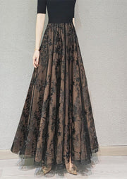 Beautiful Chocolate Embroideried Floral High Waist Flatering Tulle Maxi Skirt Spring