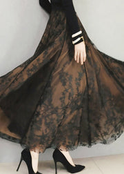 Beautiful Chocolate Embroideried Floral High Waist Flatering Tulle Maxi Skirt Spring