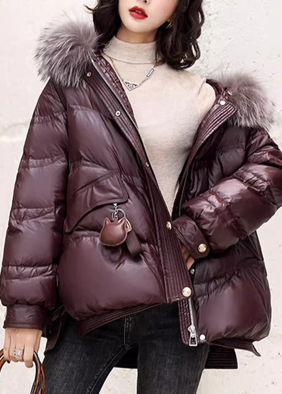 Beautiful Coffee Fox Collar Zippered Duck Down Jackets Long Sleeve