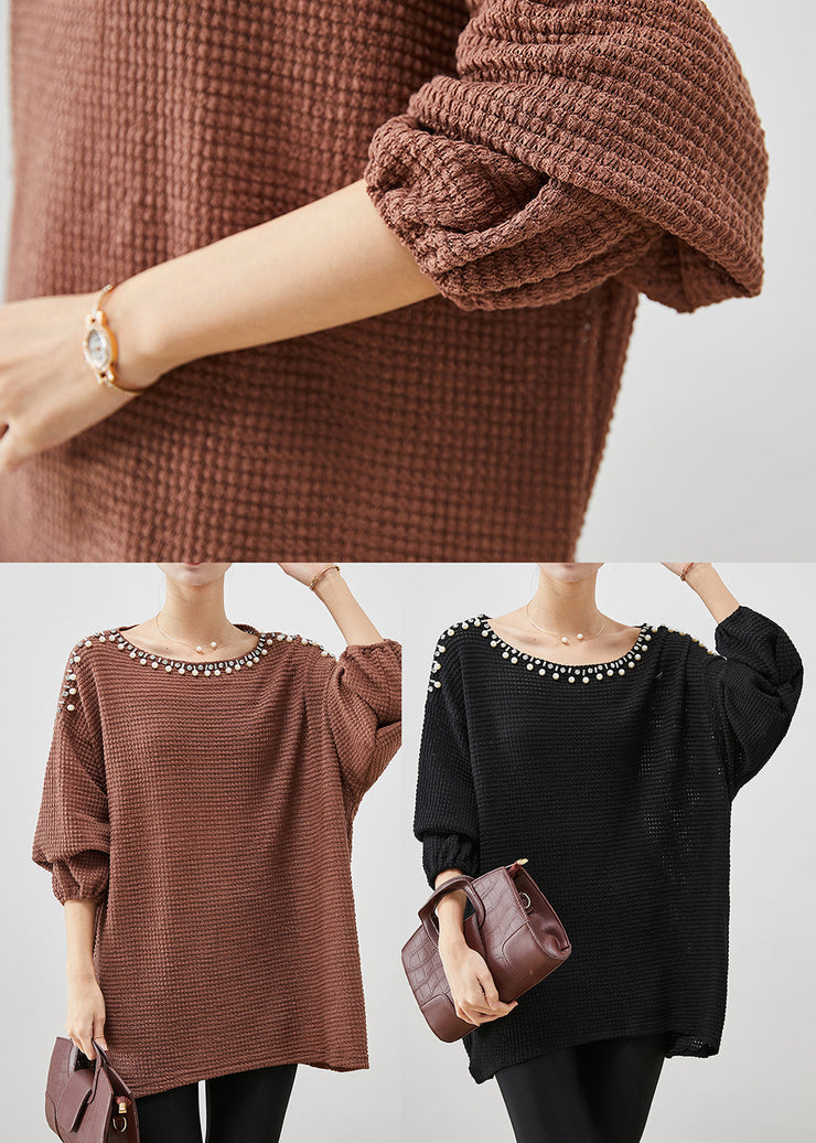 Beautiful Coffee Nail Bead Thick Knit Sweater Winter