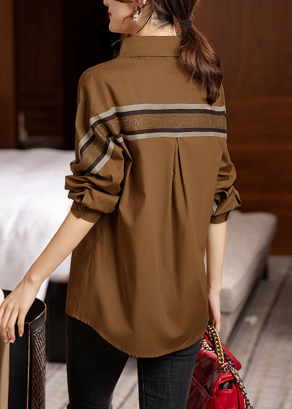 Beautiful Coffee Peter Pan Collar Button Patchwork Cotton Shirt Fall