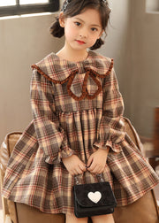 Beautiful Coffee Peter Pan Collar Plaid Patchwork Cotton Kids Girls Dresses Fall