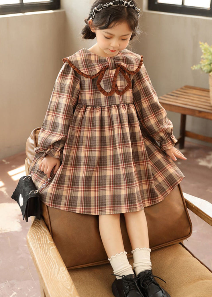 Beautiful Coffee Peter Pan Collar Plaid Patchwork Cotton Kids Girls Dresses Fall