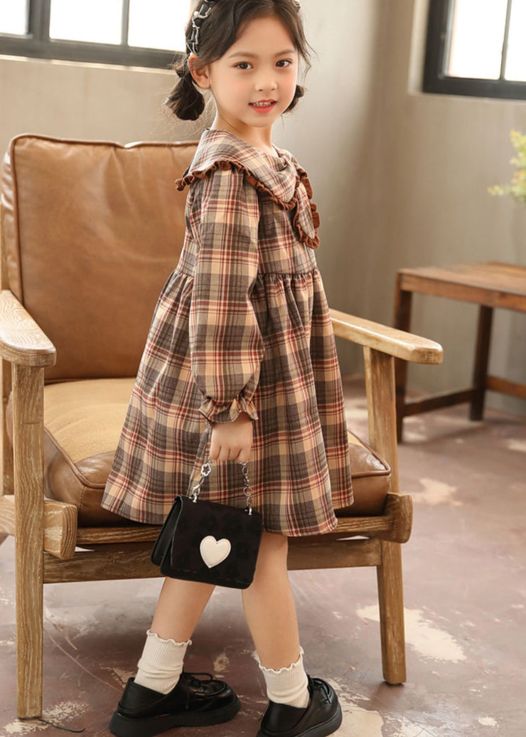 Beautiful Coffee Peter Pan Collar Plaid Patchwork Cotton Kids Girls Dresses Fall