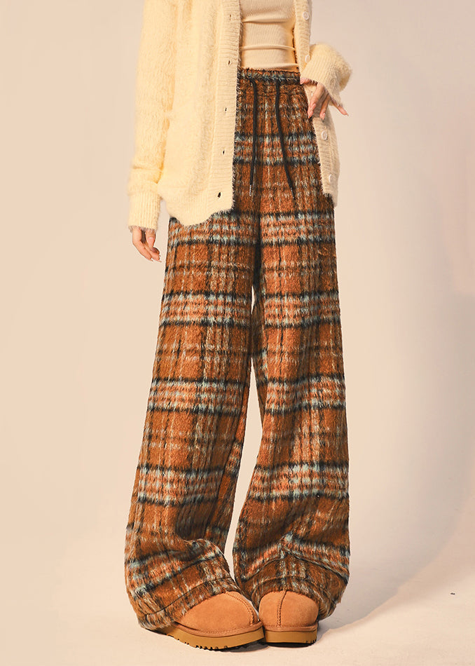 Beautiful Coffee Plaid Pockets Elastic Waist Woolen Wide Leg Pants Spring