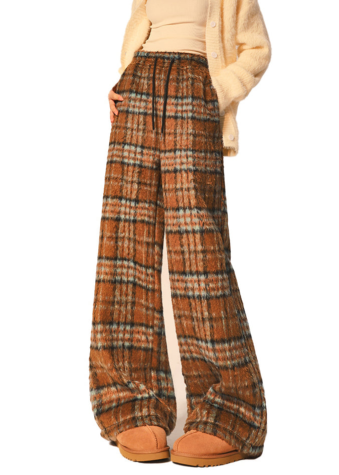 Beautiful Coffee Plaid Pockets Elastic Waist Woolen Wide Leg Pants Spring